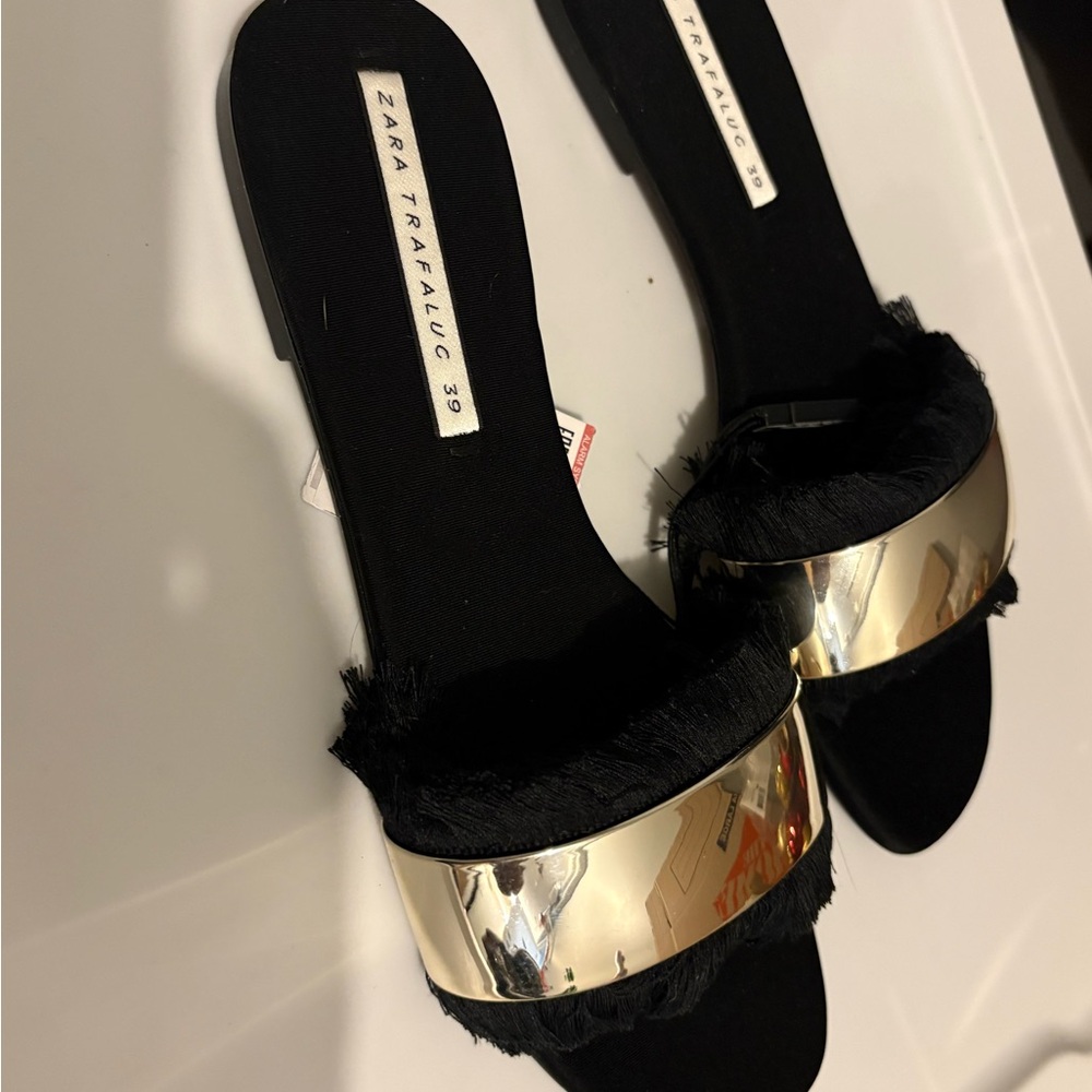 Zara Women's Black and Gold Slide Sandals - Picture 3 of 5